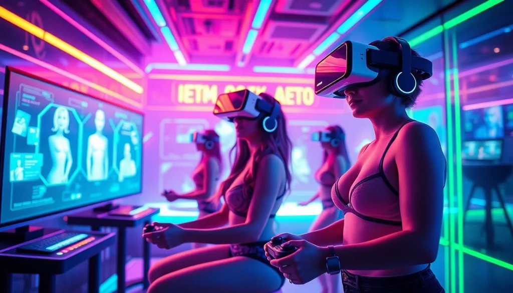 Engaging scene of players using VR headsets in AI porn games, showcasing dynamic graphics.