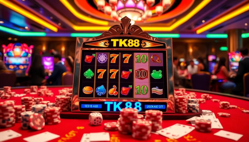 Excitement builds as players engage with the vibrant TK88 slot machine in a luxurious casino.