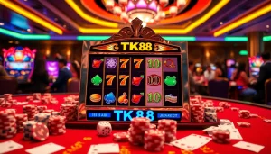 Excitement builds as players engage with the vibrant TK88 slot machine in a luxurious casino.