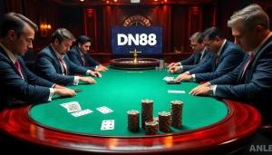 Players strategizing at a luxurious poker table in a DN88 casino atmosphere.