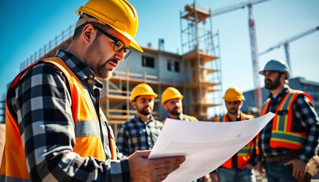 New Jersey Commercial General Contractor managing a vibrant construction site with blueprints.
