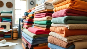 Fleece stof per meter in verschillende kleuren en texturen op een gezellige werkplek.