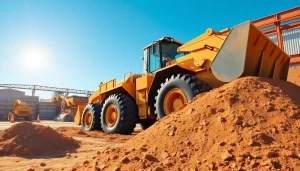 Rent wheel loaders in action at a construction site, showcasing efficiency and power.