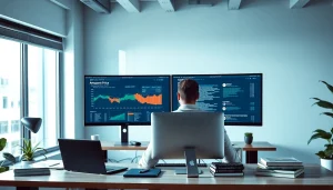 Web scrapping and price tracking setup with developer at a modern desk