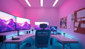 Futuristic workspace for AI NSFW content creation showcasing advanced tech and vibrant imagery