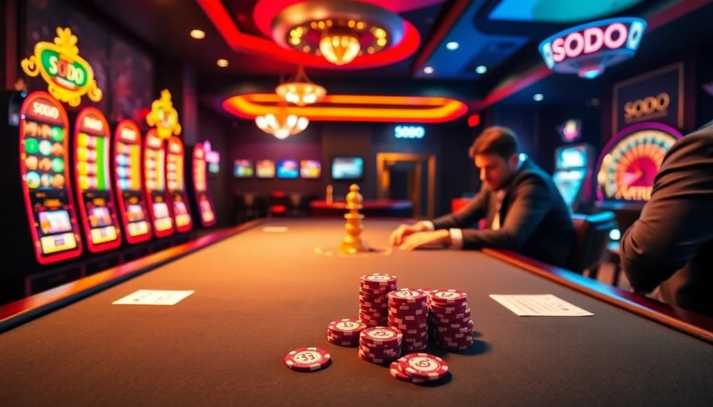 Players enjoying high-stakes poker at SODO Casino, showcasing excitement and luxury in gambling.