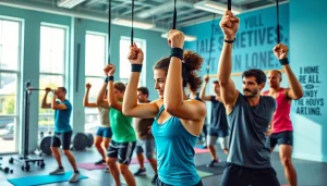 Group exercising with a pull-up assist band in a bright gym setting, showcasing strength and motivation.