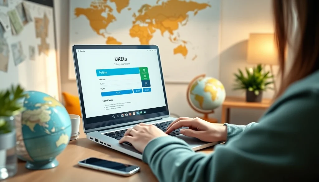 User completing the uk eta online application on a laptop in a well-lit home office.