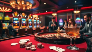 Nk88 players engaging with vibrant casino games, emphasizing poker chips and roulette excitement.