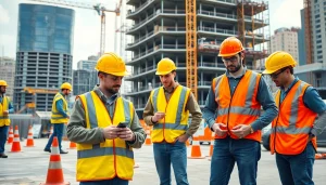 Ensure construction site safety with active workers inspecting equipment in a construction zone.