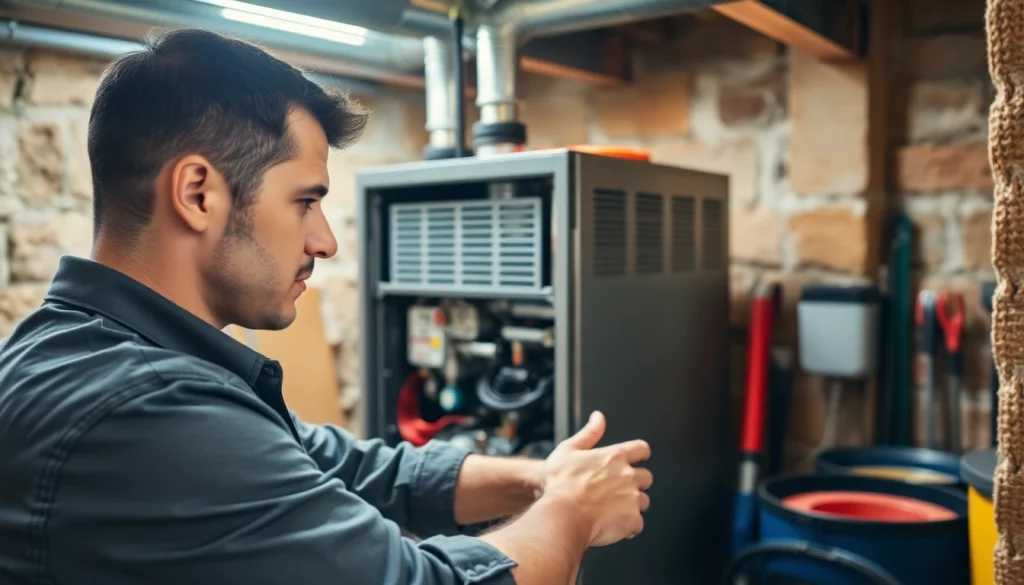 Skilled technician conducting furnace repair armonk in a well-lit residential setting.