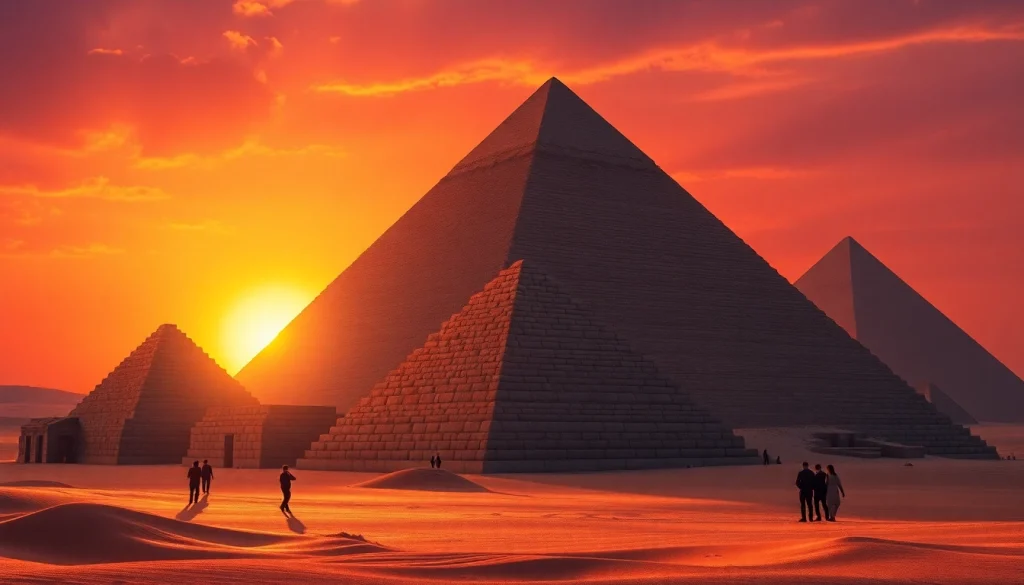 View of piraminds at sunset showcasing the majestic ancient structures against a colorful sky.