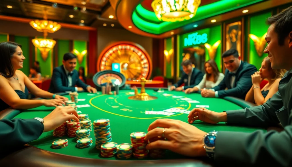 NK88 poker game scene with vibrant chips, cards, and an elegant atmosphere.