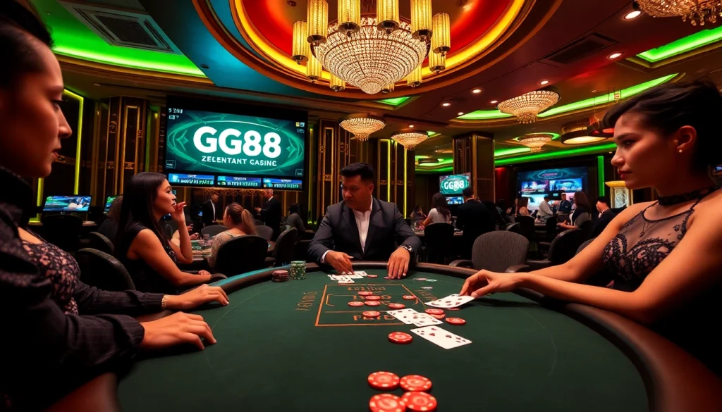 Engaging scene of players at a GG88 poker table, embracing excitement and luxury in gambling.