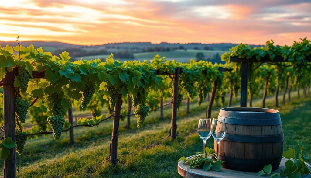 Taste the ambiance of clarksburg wineries with lush vineyards and a stunning sunset backdrop.