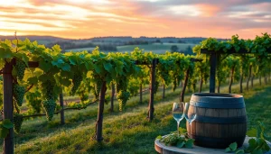 Taste the ambiance of clarksburg wineries with lush vineyards and a stunning sunset backdrop.