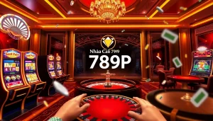 Experience the excitement of Nhà Cái 789P with vibrant casino visuals, including slot machines and poker chips.