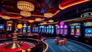 Experience exciting gameplay with OKWIN at elegant casino tables and vibrant slot machines.
