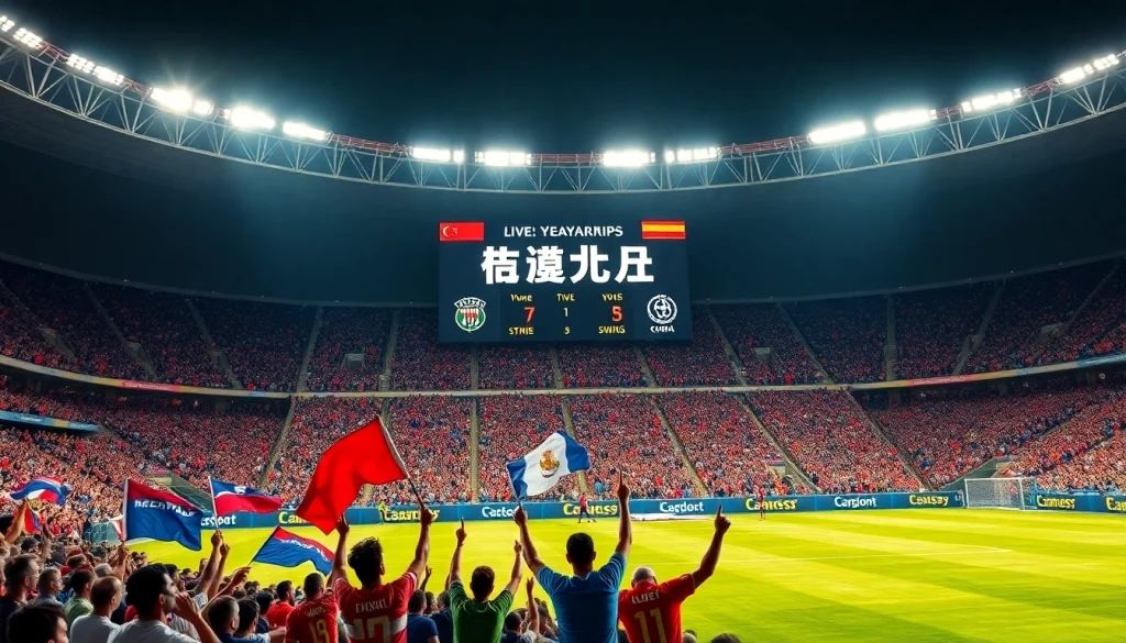 บอลวันนี้ แสดงผลบนป้ายคะแนนสดในสนามฟุตบอลที่มีแฟนๆ เชียร์อย่างกระตือรือร้น