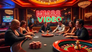 Experience the thrill of high-stakes poker at MM88 VIDEO's luxurious casino table with glamorous players and colorful chips.