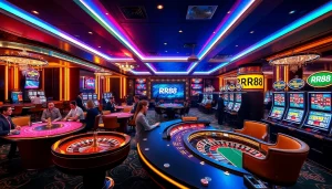 Excited players engaging in RR88 casino games in a luxurious setting with vibrant lighting.