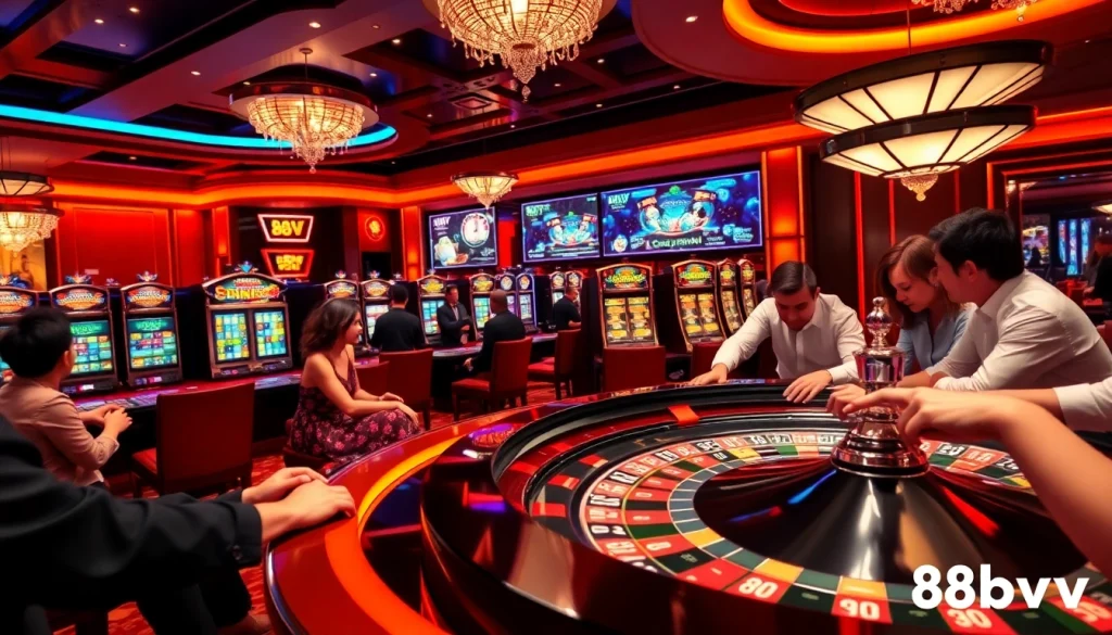 Exciting gaming scene at 88vv casino with players betting at a vibrant table.