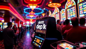 Menggambarkan slot depo 1k dengan mesin slot menyala dan pemain sangat antusias dalam suasana kasino yang ramai.
