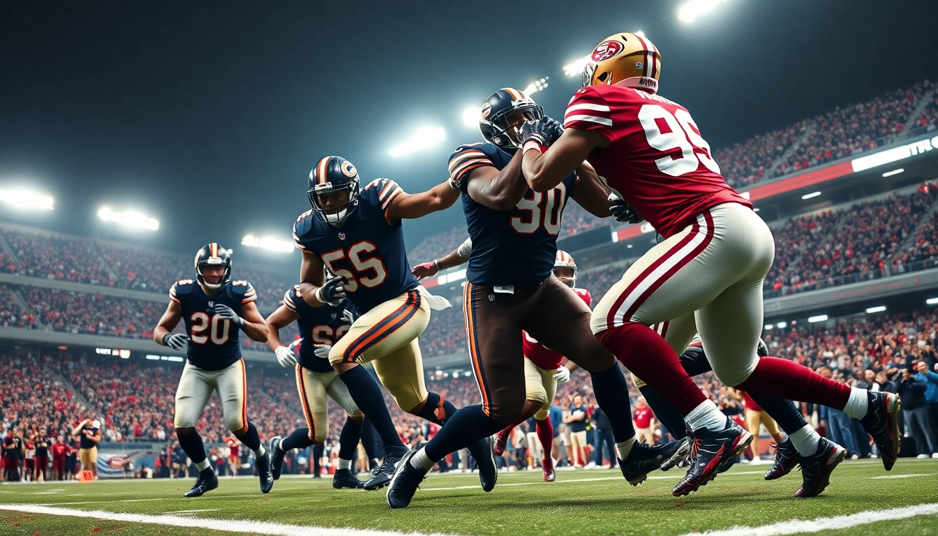 Bears vs 49ers players in a fierce competition on the football field.
