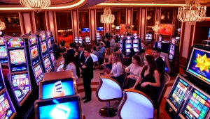 Pemain yang bersemangat menikmati permainan slot deposit 1000 di lingkungan kasino mewah.