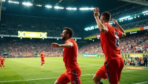 กำลังดู ผลบอลสด888 พร้อมกับการเฉลิมฉลองของนักฟุตบอลที่ทำคะแนนในสนาม