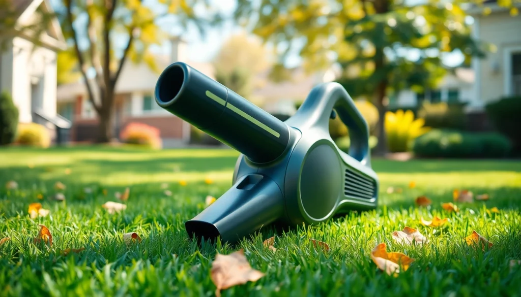 Electric leaf blower on a green lawn, efficiently clearing fallen leaves.