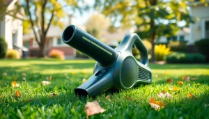Electric leaf blower on a green lawn, efficiently clearing fallen leaves.