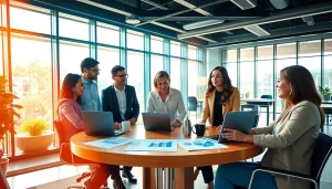 Teamwork on sales staffing platforms in a bright, modern office setting.