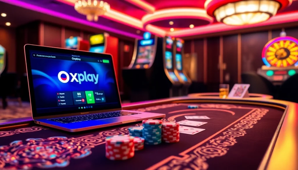 Experience the excitement of Oxplay at a vibrant virtual casino with poker chips and glowing games.