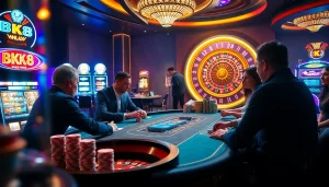 Players enjoying thrilling action at BK8 casino, featuring poker chips and a vibrant gaming table.