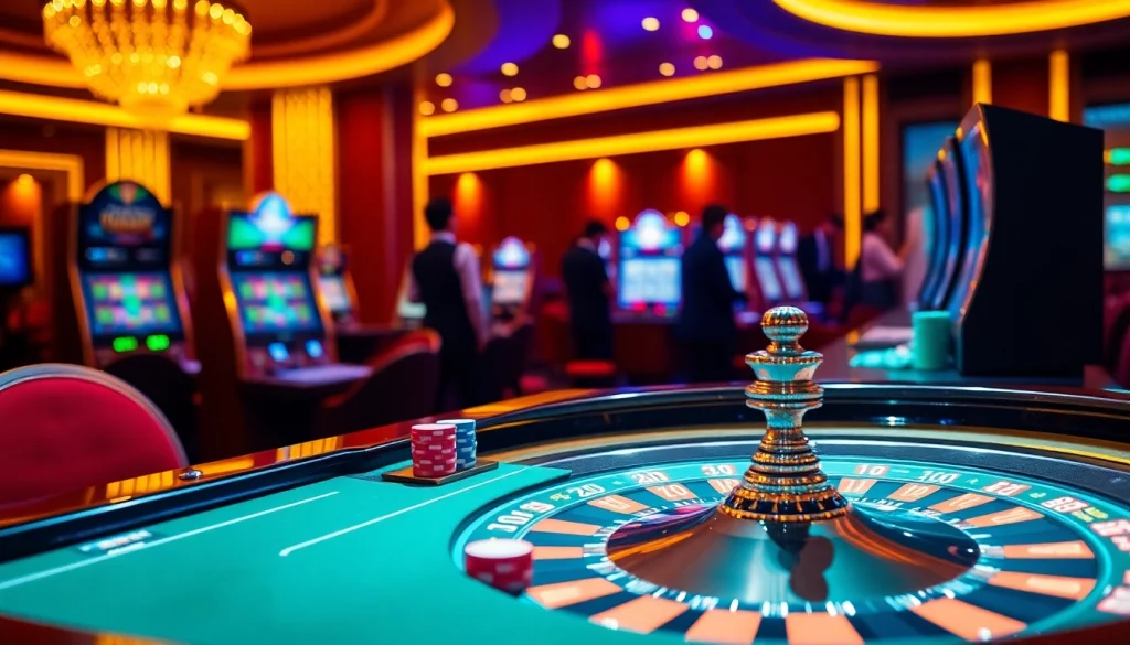 Engage with idn slot 777 at a luxurious casino table featuring vibrant machines and poker chips.