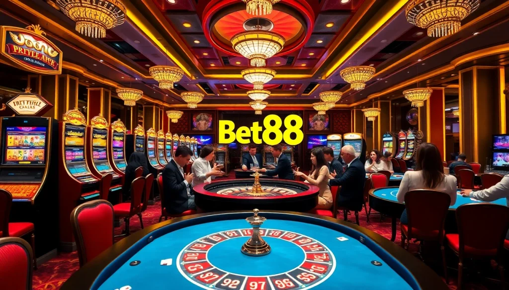 Experience the excitement of Bet88 with players enjoying vibrant slot machines and table games.