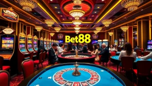 Experience the excitement of Bet88 with players enjoying vibrant slot machines and table games.