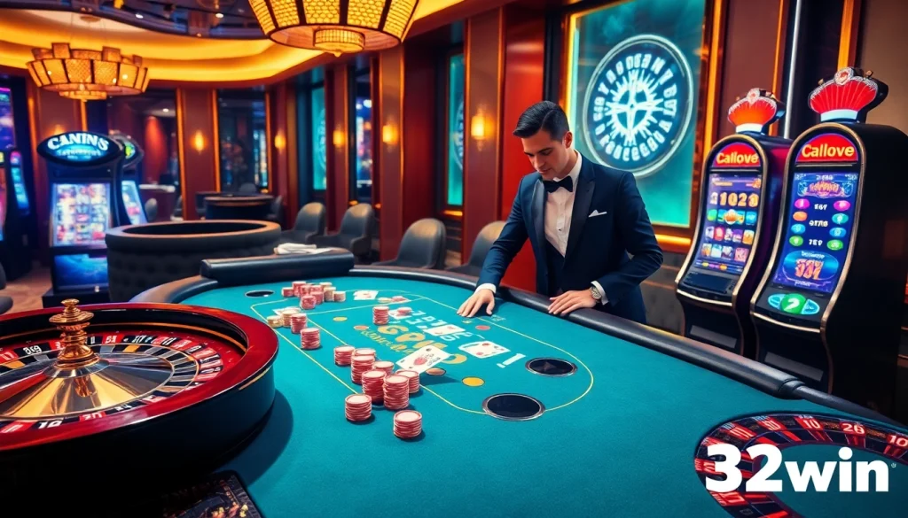 A lively casino atmosphere with players enjoying poker and roulette at 32win.