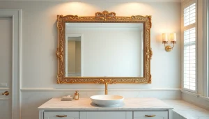 Showcase an elegant bathroom mirror with intricate details reflecting a stylish vanity.