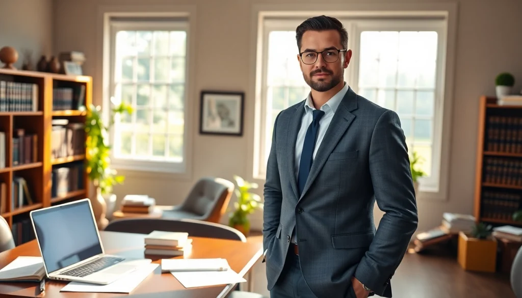 Engaging agriculture lawyer consulting in an office with legal documents, showcasing professionalism.