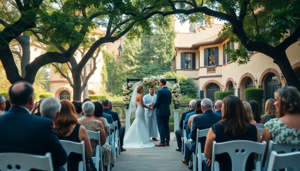 Couple exchanging vows at a historic wedding venue Jacksonville FL, surrounded by guests in a lush garden.