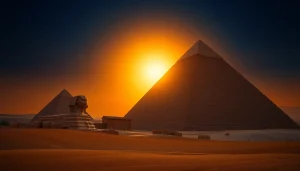 Piraminds captured during a majestic sunset, highlighting their historical grandeur.