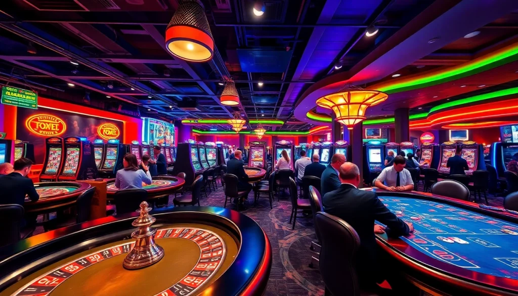 Menyaksikan permainan seru qq8821 di kasino dengan cahaya neon yang semarak.