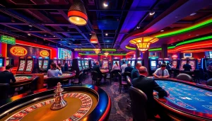 Menyaksikan permainan seru qq8821 di kasino dengan cahaya neon yang semarak.