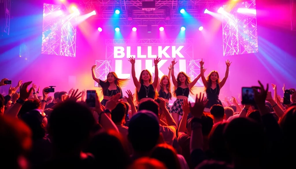 BLACKPINK news featuring dynamic performance at a concert with vibrant lights and enthusiastic fans.