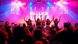 BLACKPINK news featuring dynamic performance at a concert with vibrant lights and enthusiastic fans.