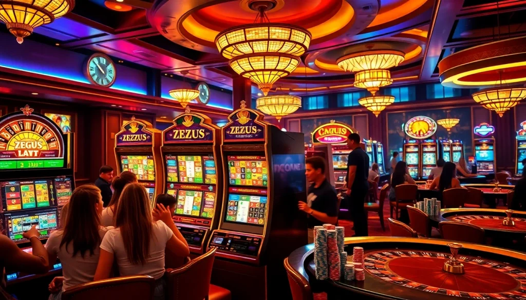 Putar mesin slot Zeus dalam adegan kasino yang hidup dengan pemain yang bersemangat dan kertas taruhan berwarna-warni.