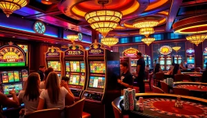 Putar mesin slot Zeus dalam adegan kasino yang hidup dengan pemain yang bersemangat dan kertas taruhan berwarna-warni.