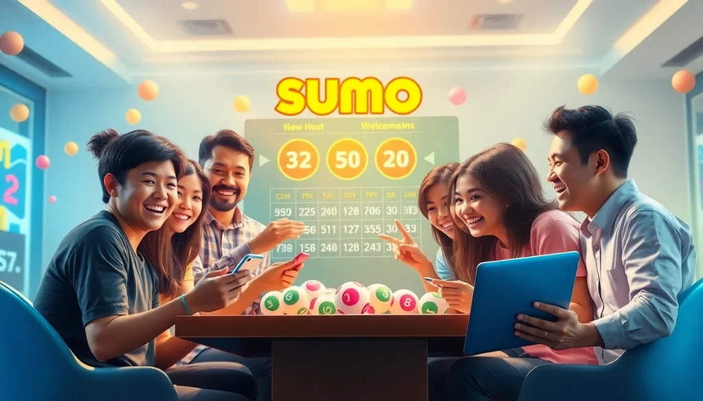 Pemain bersemangat menikmati permainan togel Sumo Togel online dengan warna-warni cerah dan teknologi modern.